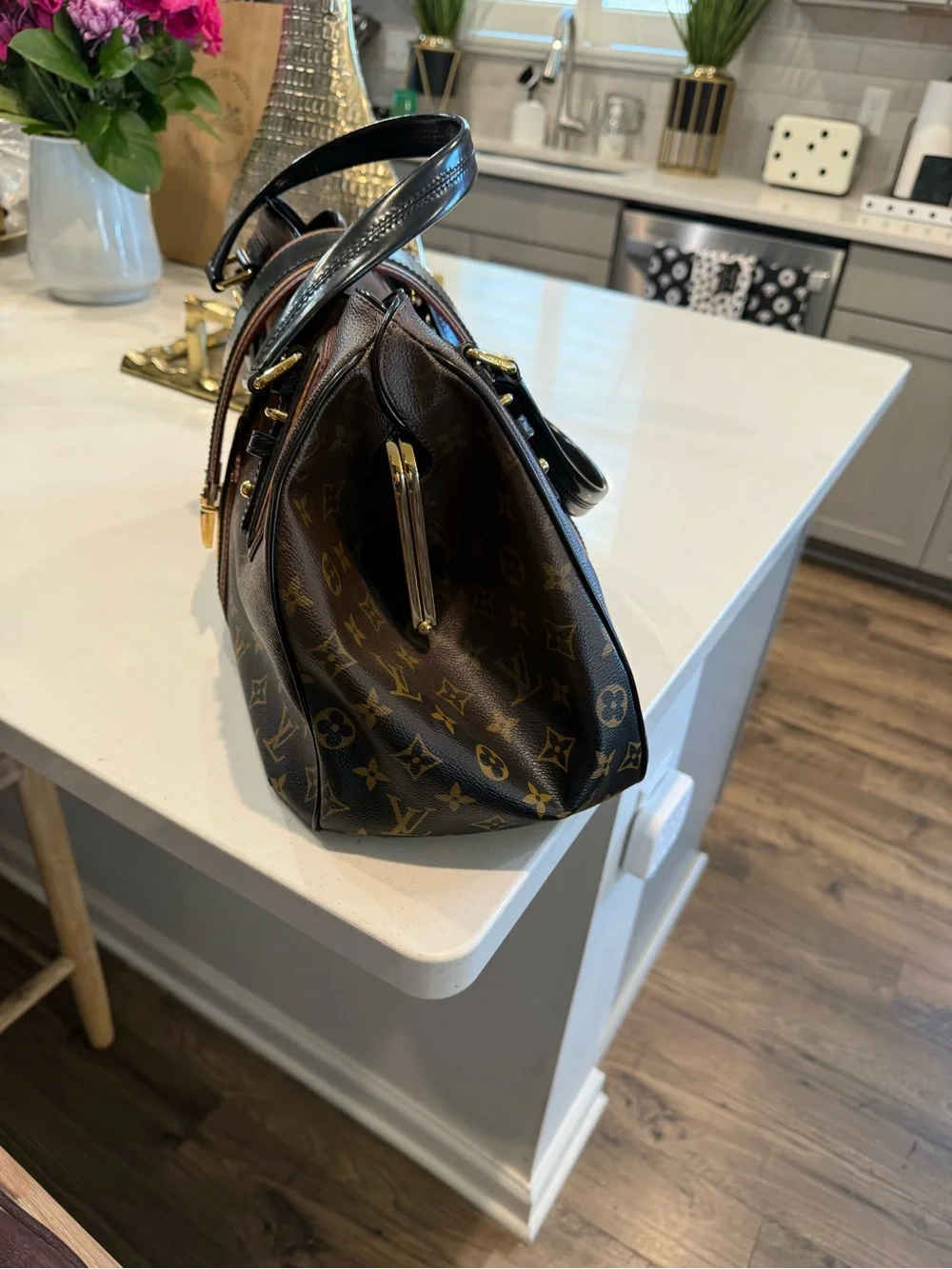 Louis Vuitton Monogram Canvas Duffel with Black Center Strap & Tan Trim
